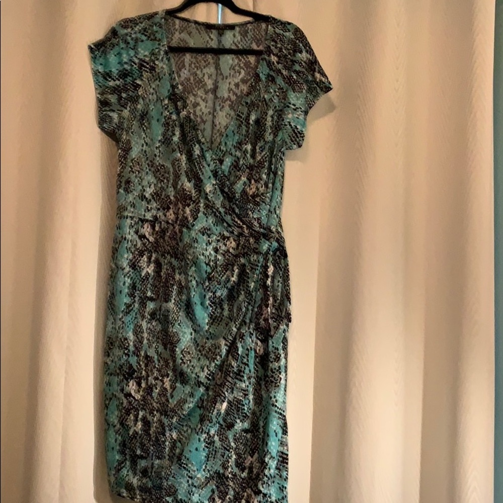 Aqua gray white and black wrap dress